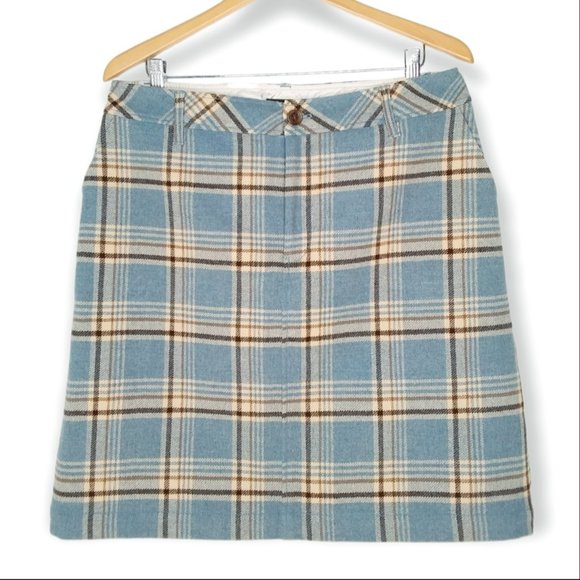 Eddie Bauer 100% Wool Mini Skirt Size 12 Tall Blue Brown Plaid Preppy Academia - Picture 1 of 10